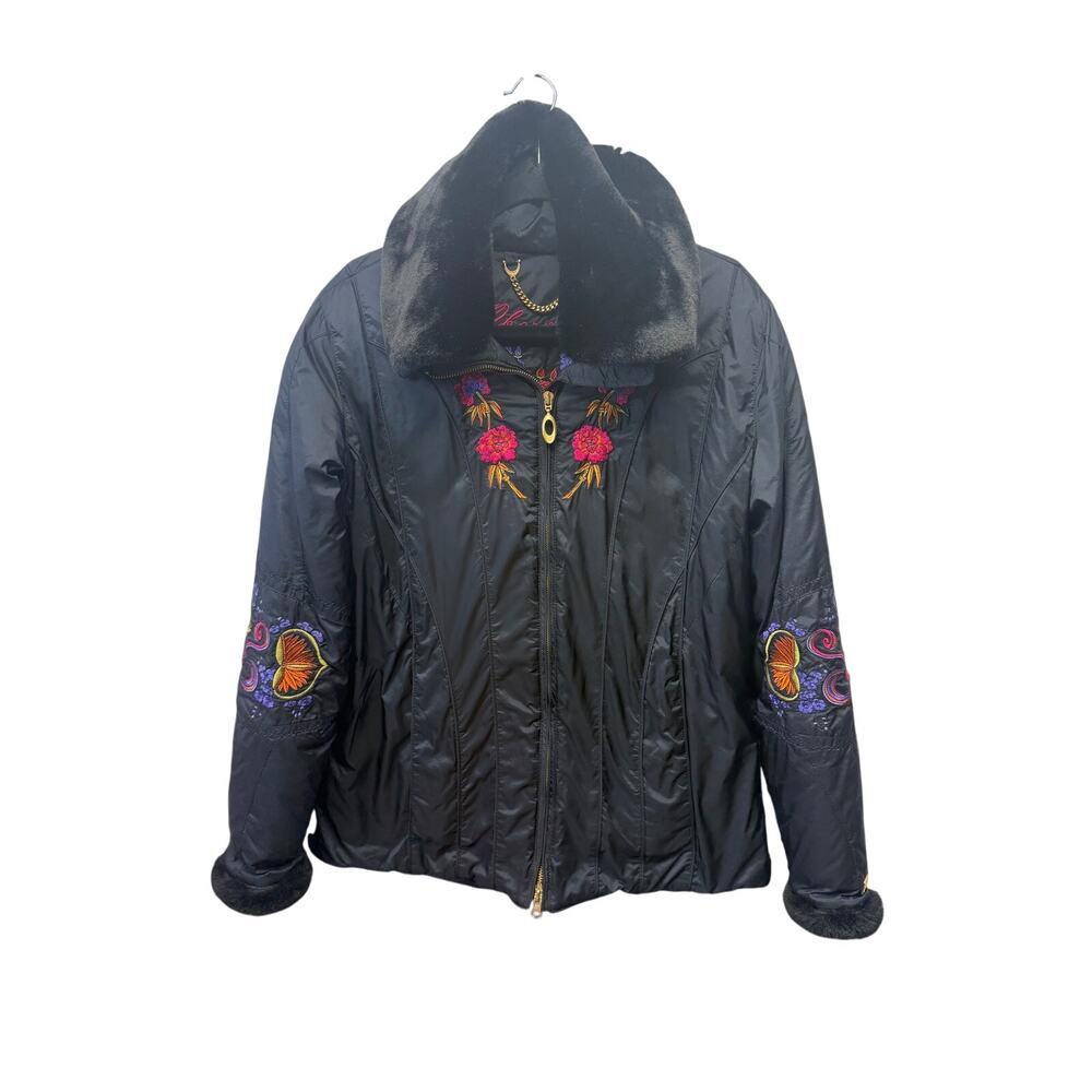 Obermeyer Ski Jacket Women's size 6 Black Pink Floral Embroidery vintage